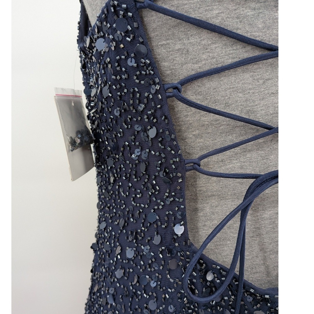 Prom Wedding Blue Gold All Over Sequins Beads Lace Up Back Floral Slit 12 Dress - Picture 8 of 14